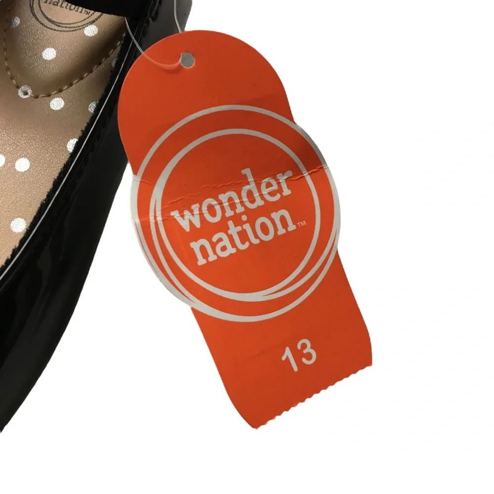 WONDER NATION Girl’s Ankle Ballet Dress Flat Elastic Straps Black Patent Size 13